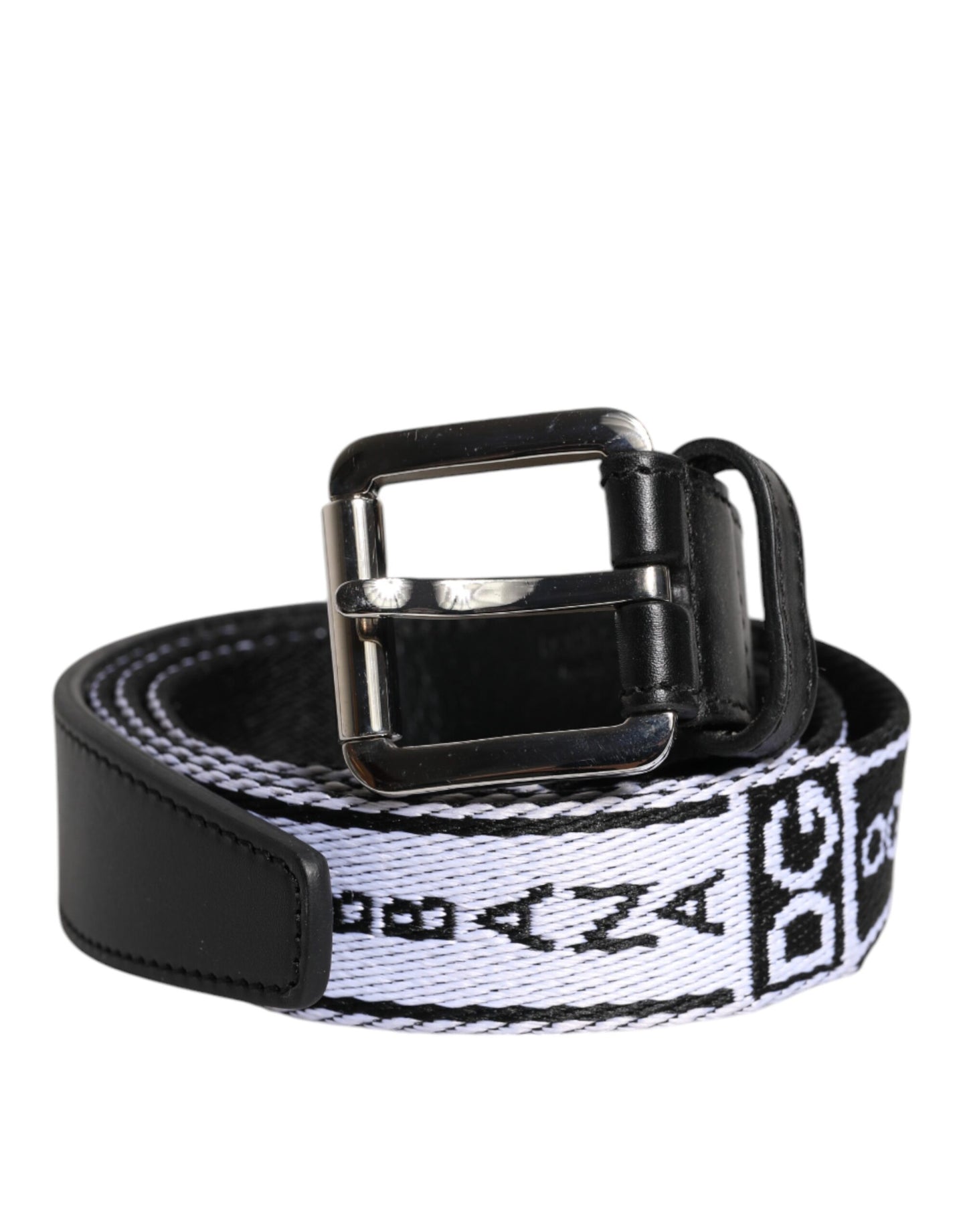 Ceinture à boucle en métal avec logo imprimé noir et blanc