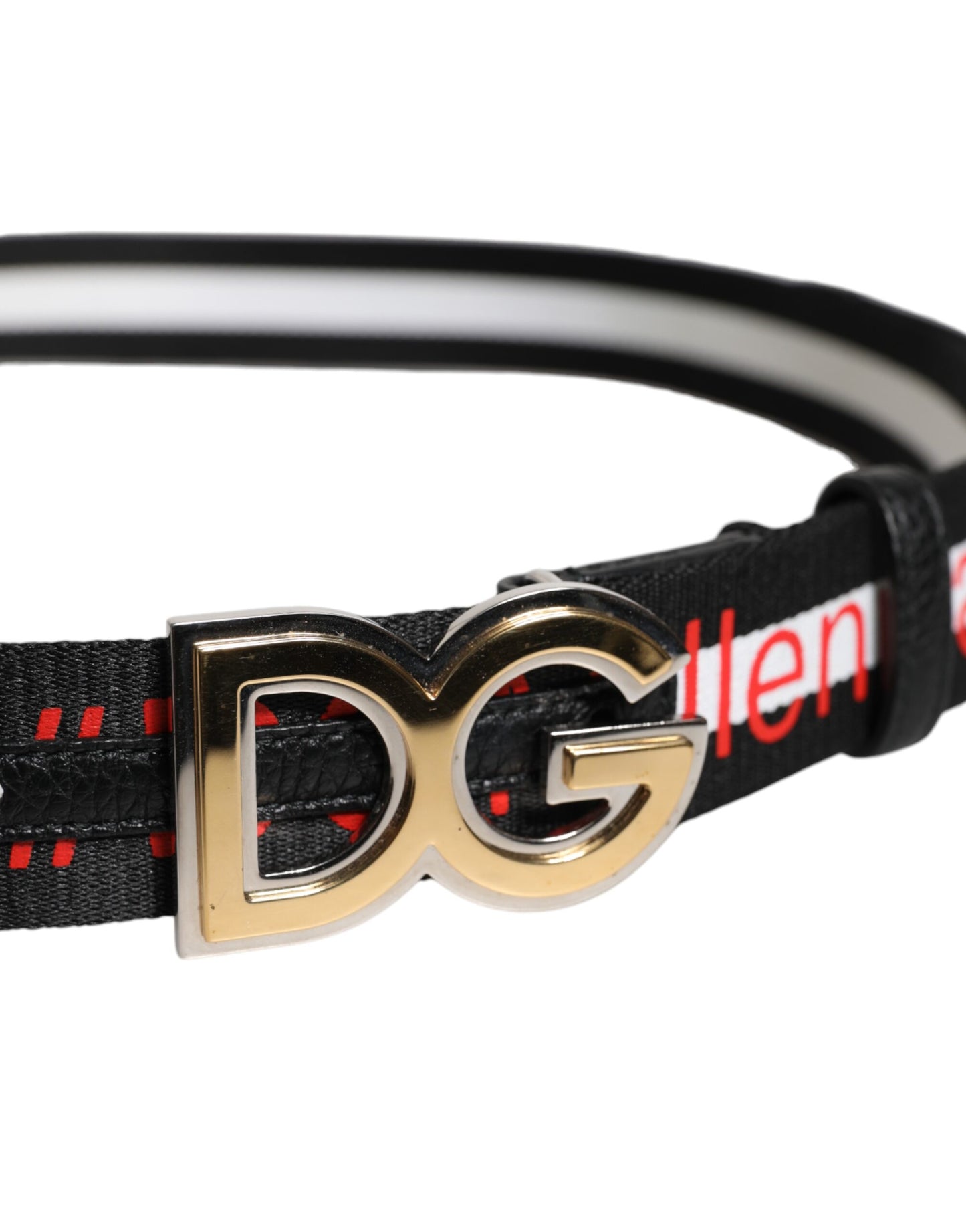 Ceinture à boucle en métal avec logo imprimé noir et blanc