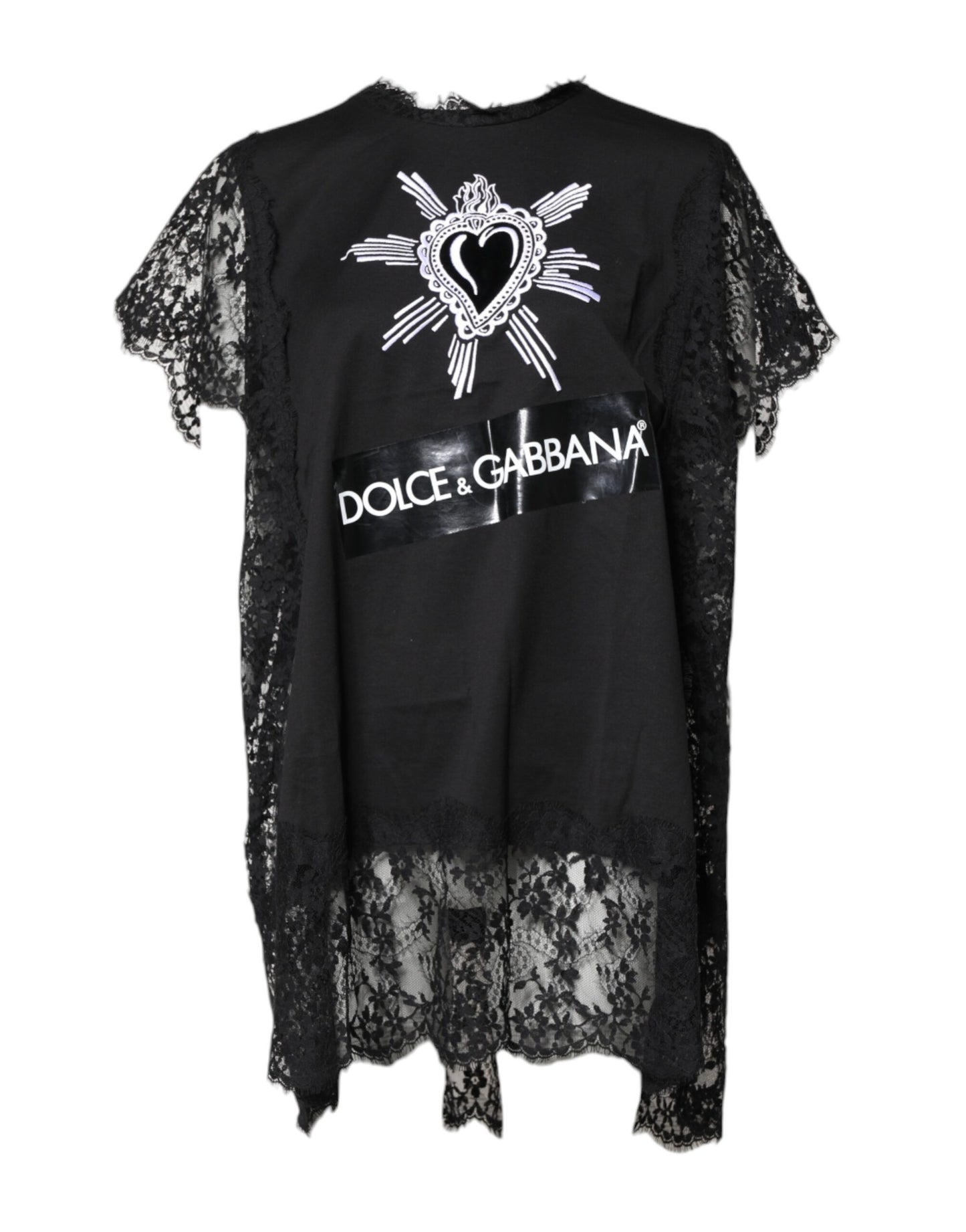 Top de cuello redondo con encaje negro transparente y diseño de corazón sagrado