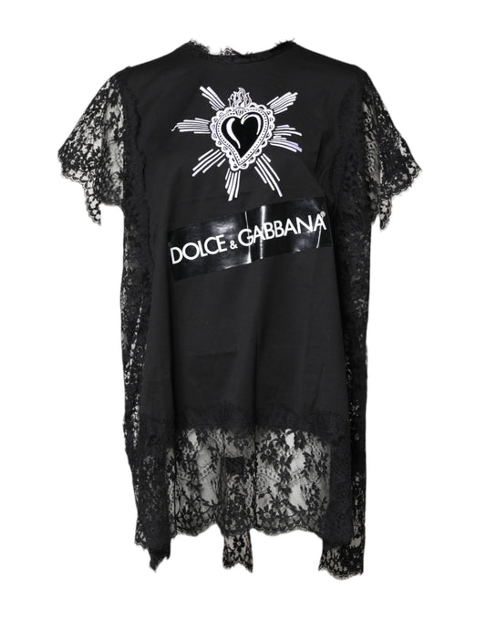 Top de cuello redondo con encaje negro transparente y diseño de corazón sagrado