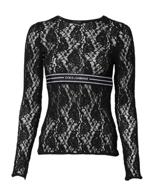 Top tipo jersey de manga larga con encaje floral negro
