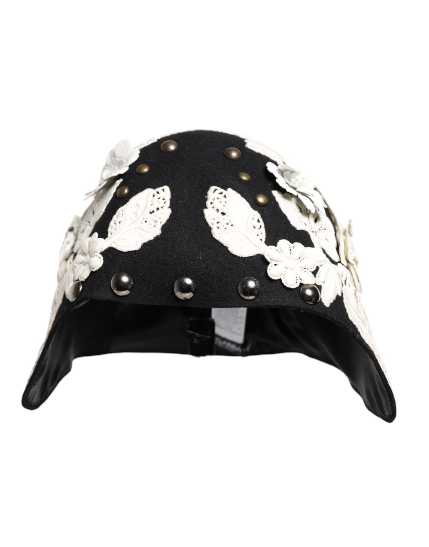 Sombrero cloche de lana negra con estampado floral blanco y hojas doradas