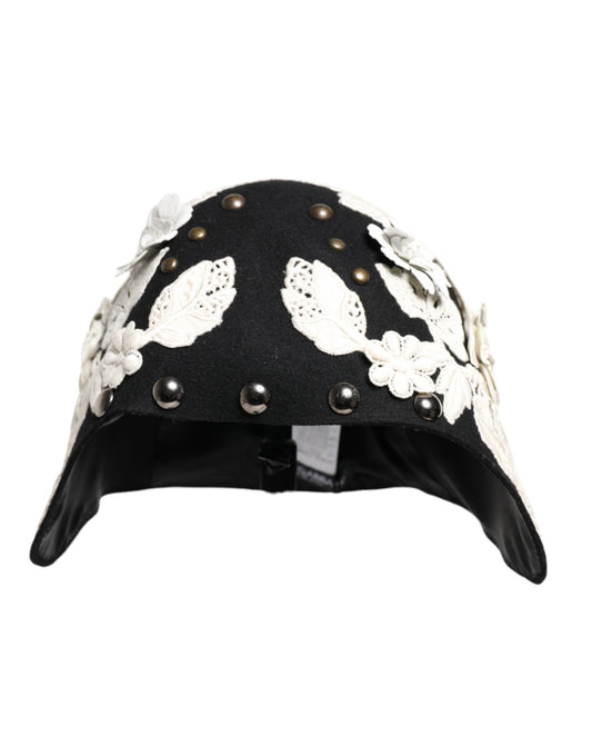 Sombrero cloche de lana negra con estampado floral blanco y hojas doradas