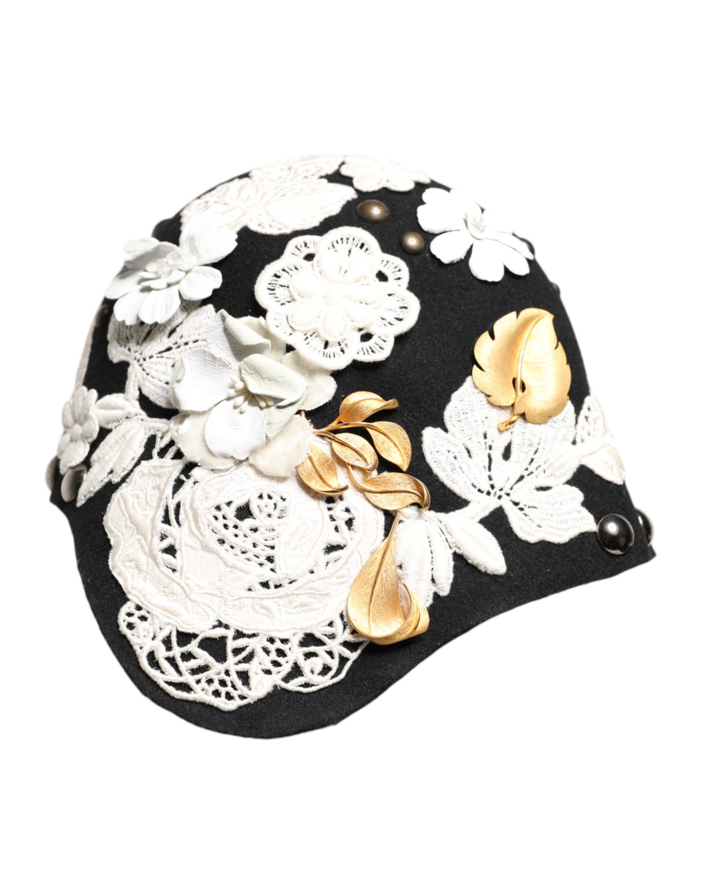 Sombrero cloche de lana negra con estampado floral blanco y hojas doradas