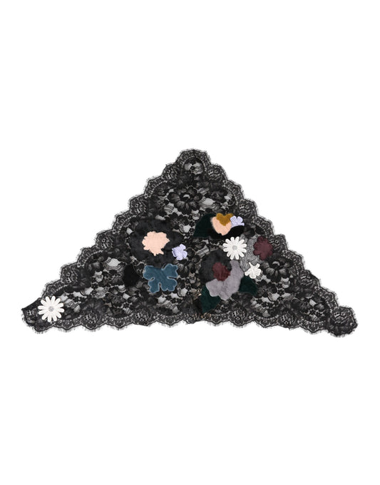 Sombrero de velo de algodón con apliques florales de encaje negro