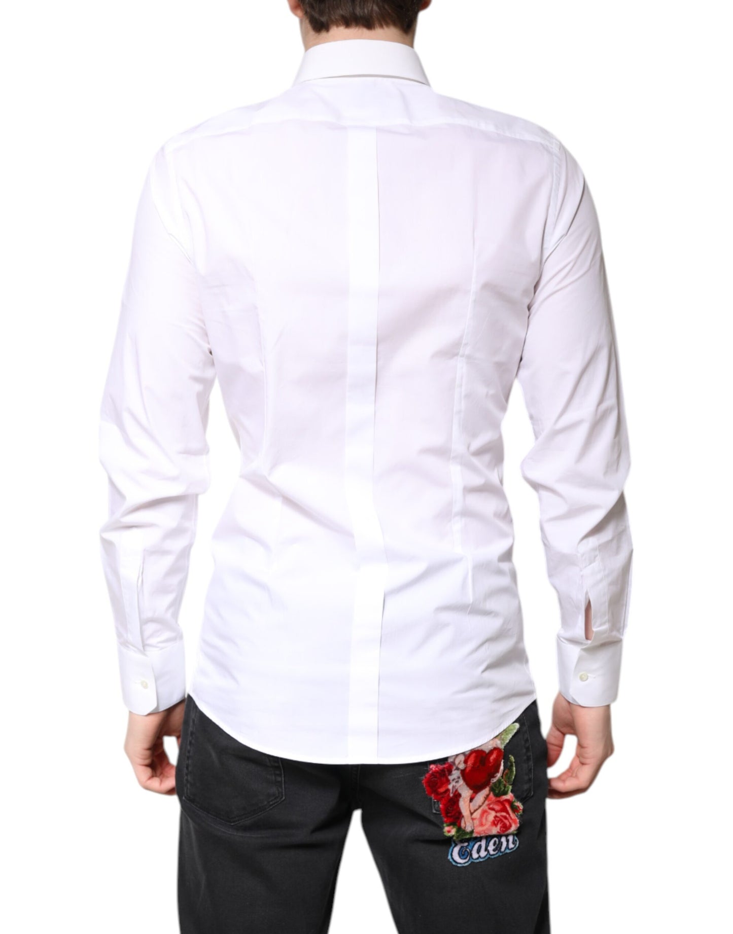 Vestido formal con cuello y camisa de algodón blanco dorado