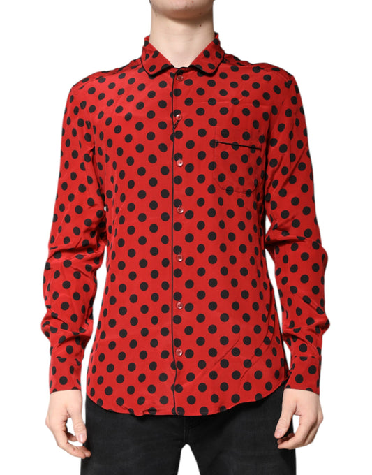 Chemise à manches longues en soie à pois rouges