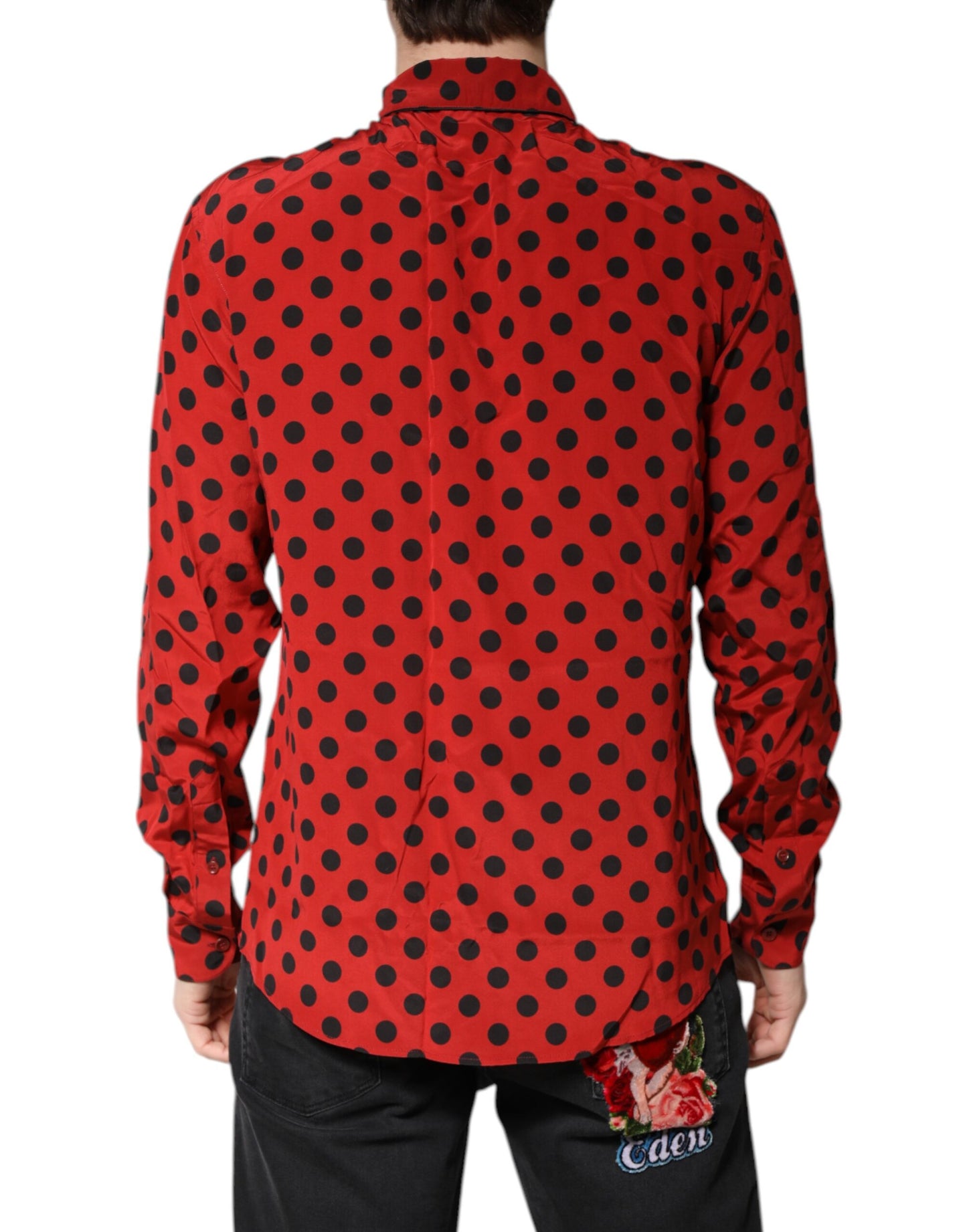 Camisa de manga larga de seda con lunares rojos