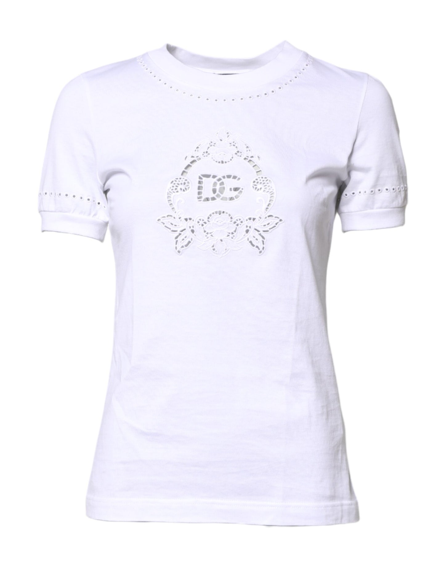 Camiseta de algodón blanca con cuello redondo y logotipo floral
