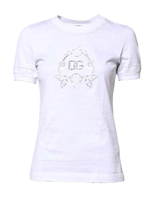 Camiseta de algodón blanca con cuello redondo y logotipo floral