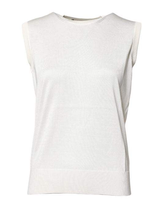 Camiseta sin mangas de cuello redondo de seda blanca