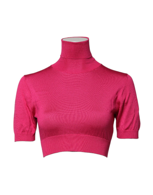 Top corto de cuello alto de punto de seda rosa