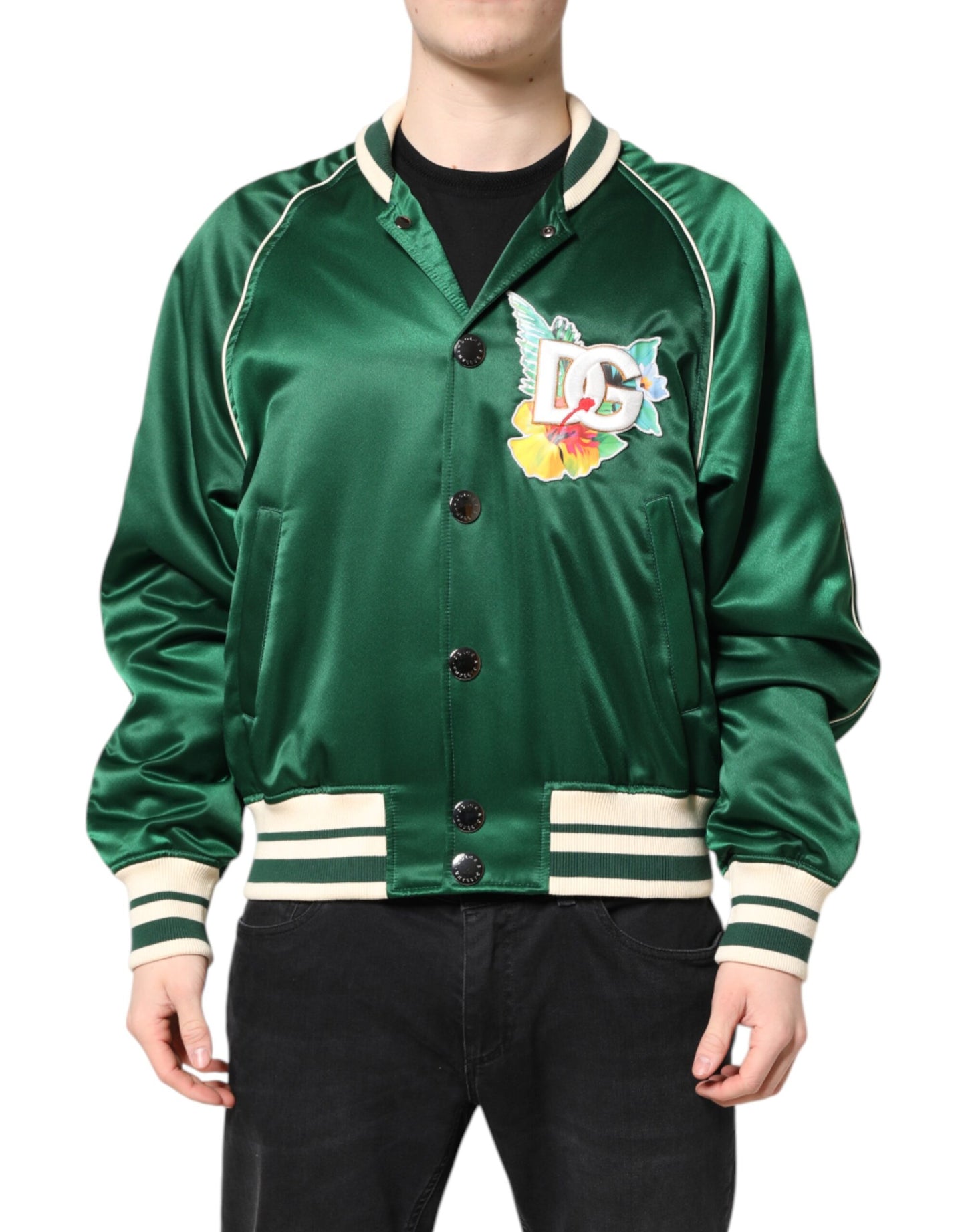 Chaqueta bomber con cremallera completa y logotipo DG floral verde