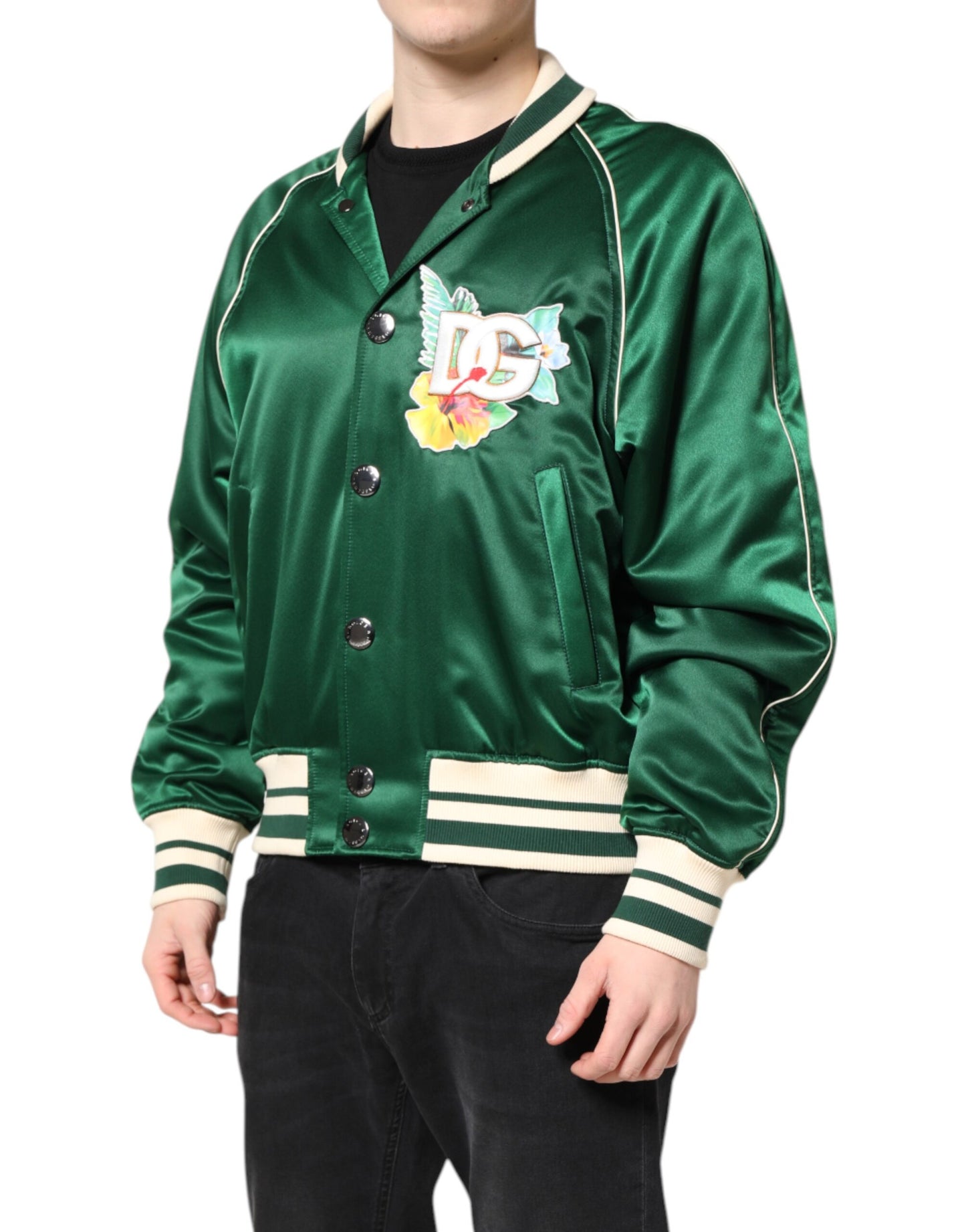 Chaqueta bomber con cremallera completa y logotipo DG floral verde