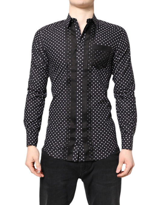 Camisa formal dorada de manga larga con lunares negros