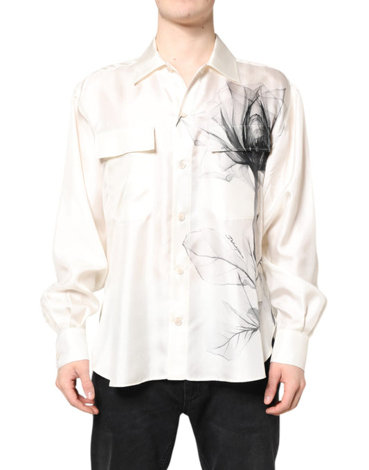 Camisa informal de manga larga de seda color marfil para hombre