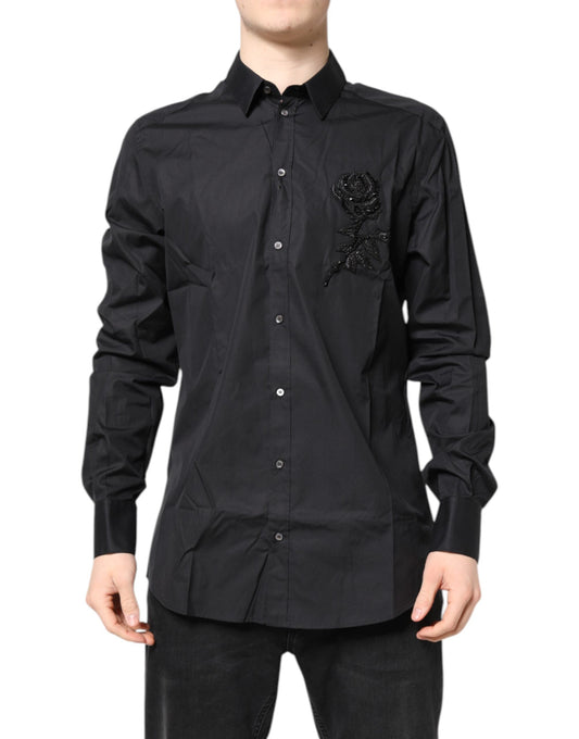 Camisa formal de algodón con estampado floral dorado y negro
