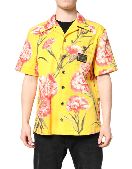 Camisa casual con botones y estampado floral amarillo para hombre
