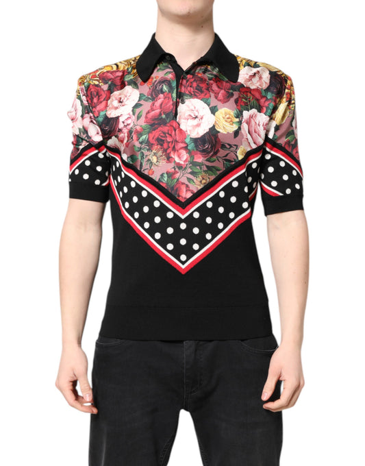 T-shirt à manches courtes et col fleuri noir
