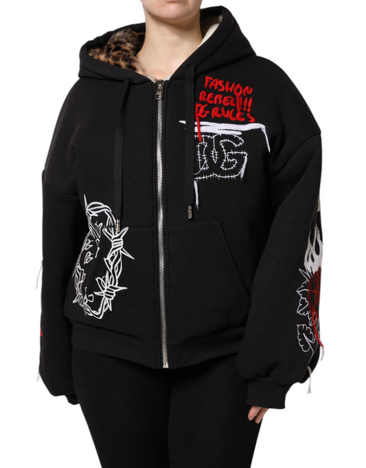 Chaqueta con capucha y cremallera completa bordada en negro