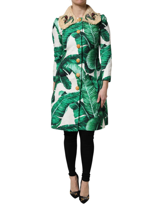 Chaqueta gabardina adornada con estampado de hojas multicolor