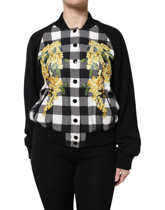 Chaqueta con botones y estampado floral a cuadros blancos y negros