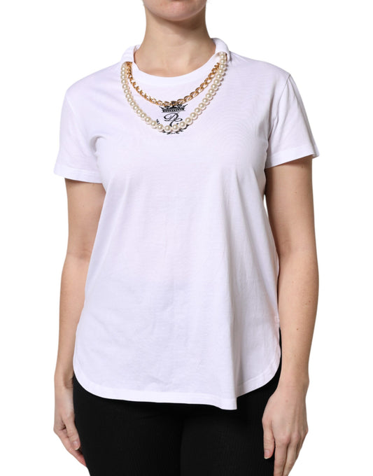 Camiseta de algodón con cuello redondo y cadena blanca perlada