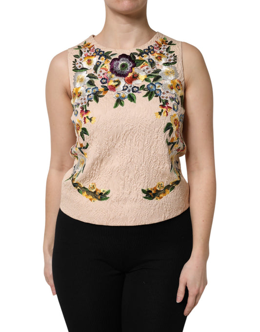 Camiseta sin mangas con bordado floral beige