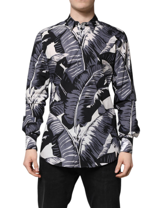 Camisa de algodón multicolor con estampado de hojas de plátano doradas