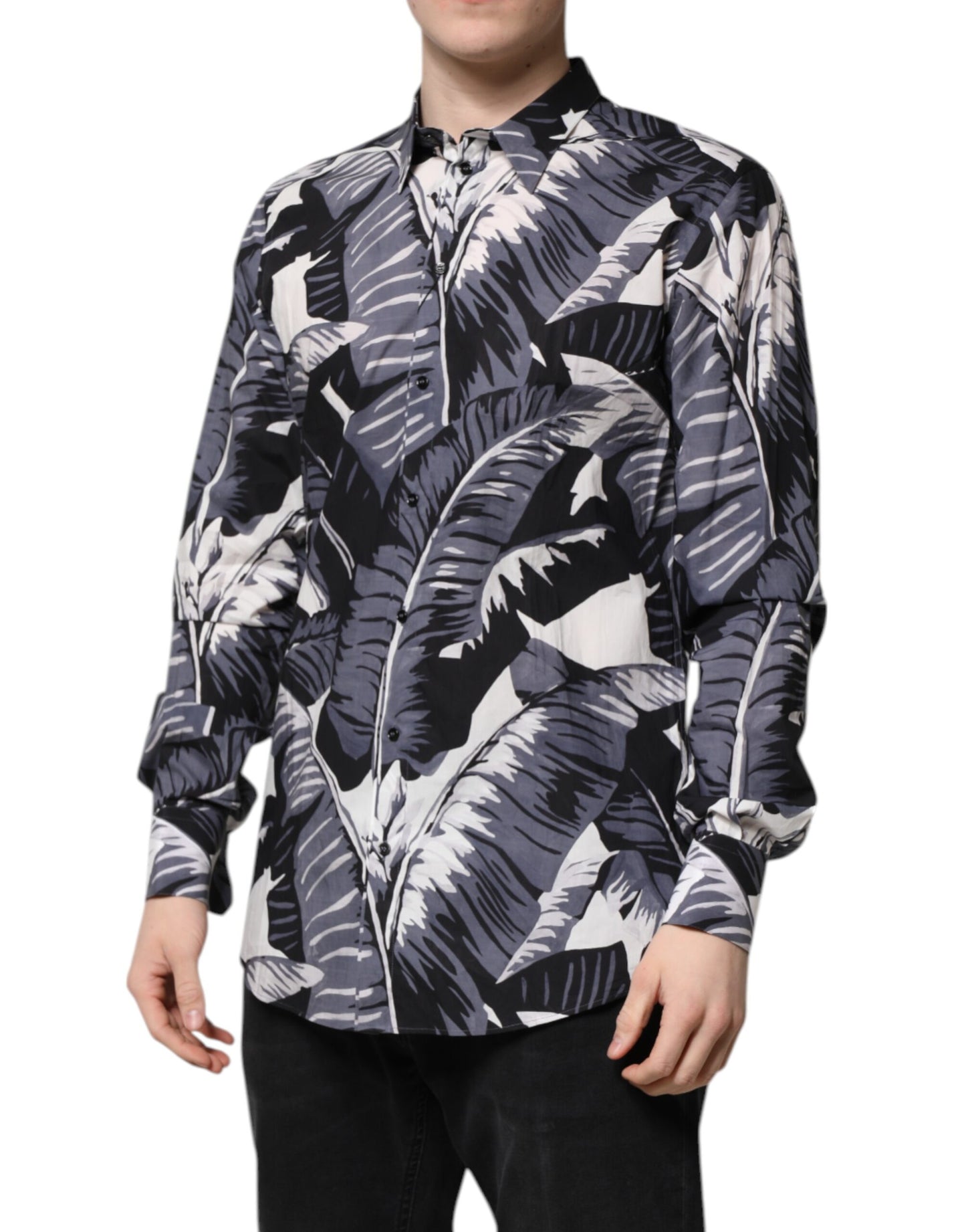 Camisa de algodón multicolor con estampado de hojas de plátano doradas