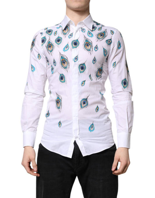 Camisa de vestir de algodón blanco con estampado de plumas doradas