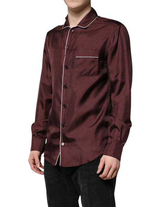 Camisa de manga larga de seda burdeos con lunares