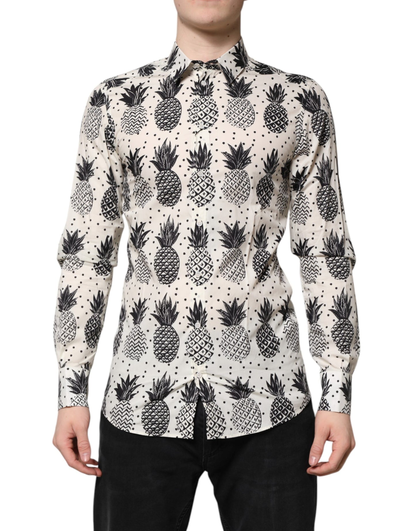 Camisa de manga larga con estampado de piña blanca dorada