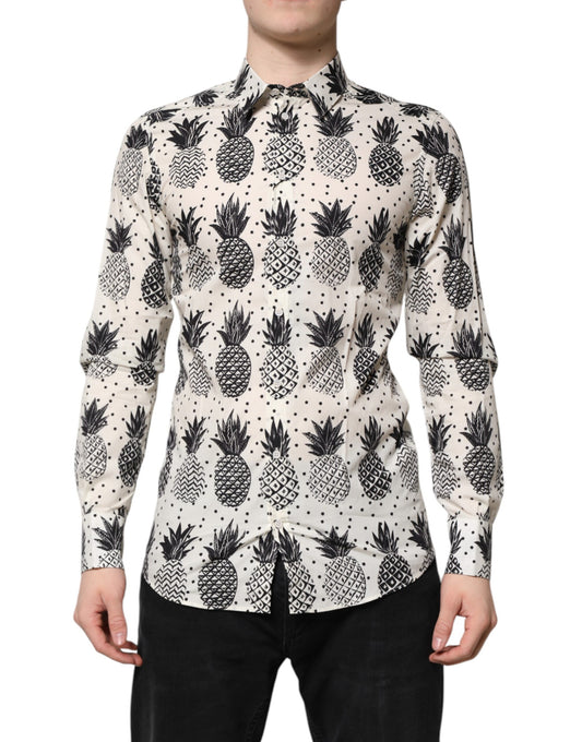Camisa de manga larga con estampado de piña blanca dorada