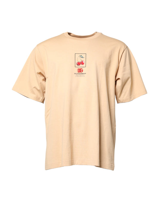 T-shirt col rond en coton beige avec logo imprimé