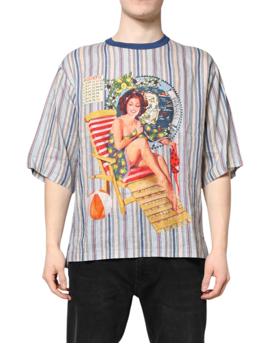T-shirt col rond en lin à rayures multicolores Pin Up