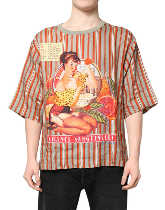 T-shirt col rond en lin à rayures multicolores