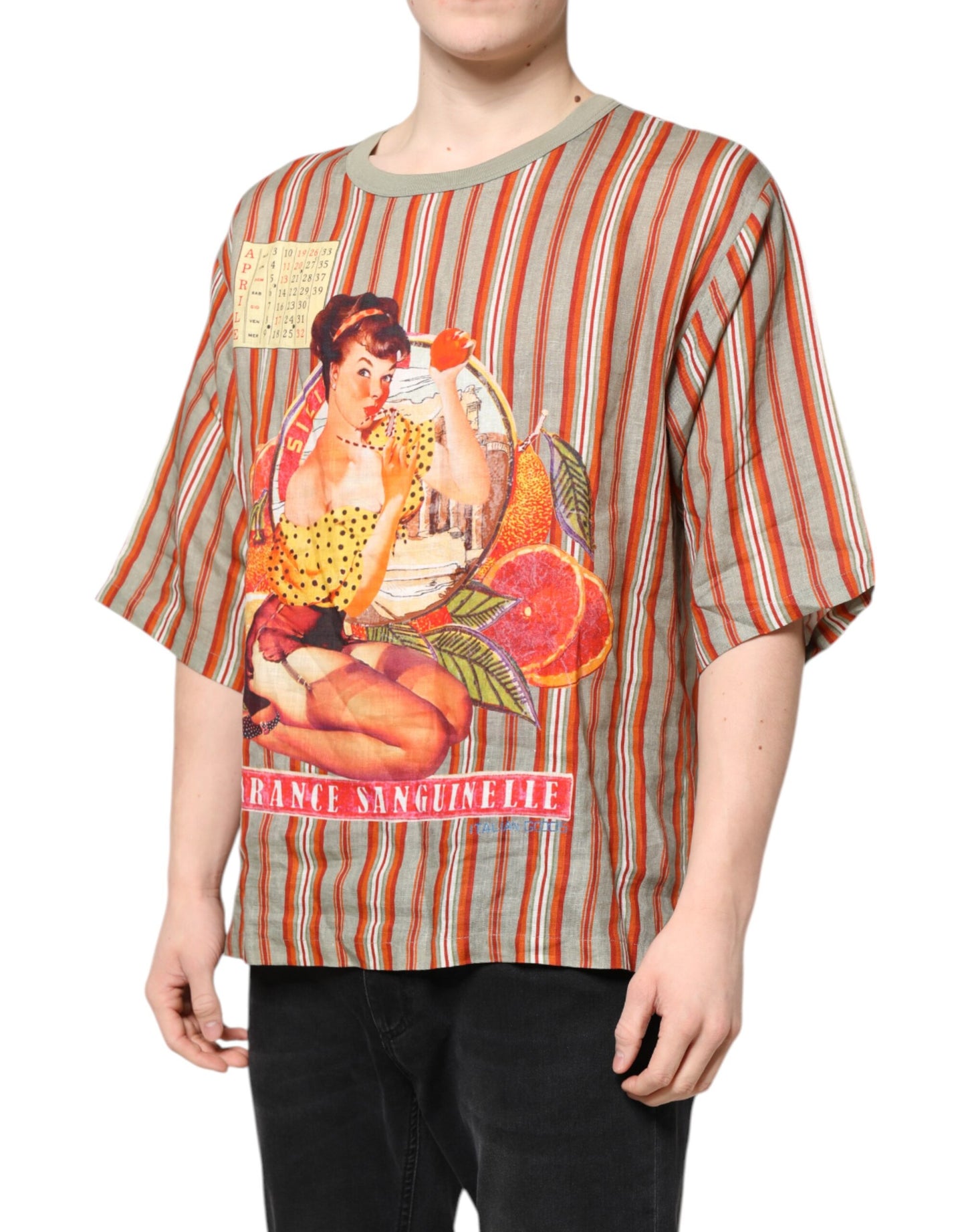 T-shirt col rond en lin à rayures multicolores