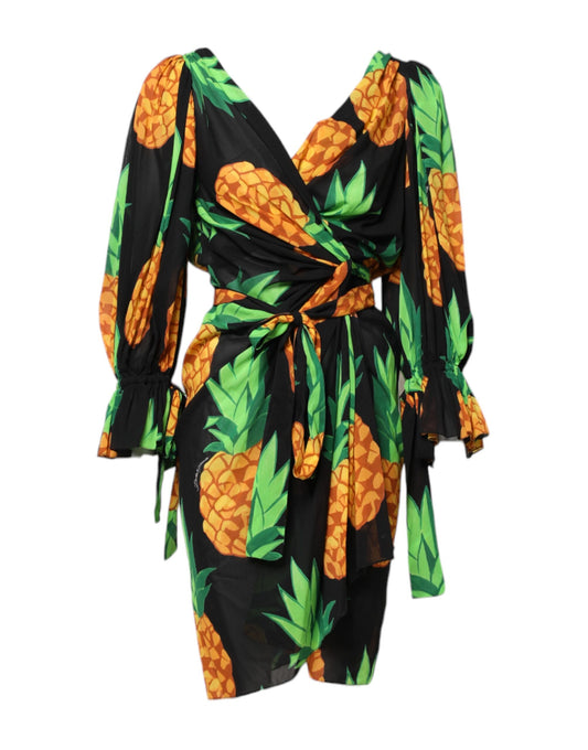 Black Pineapple Print Silk Wrap Mini Dress