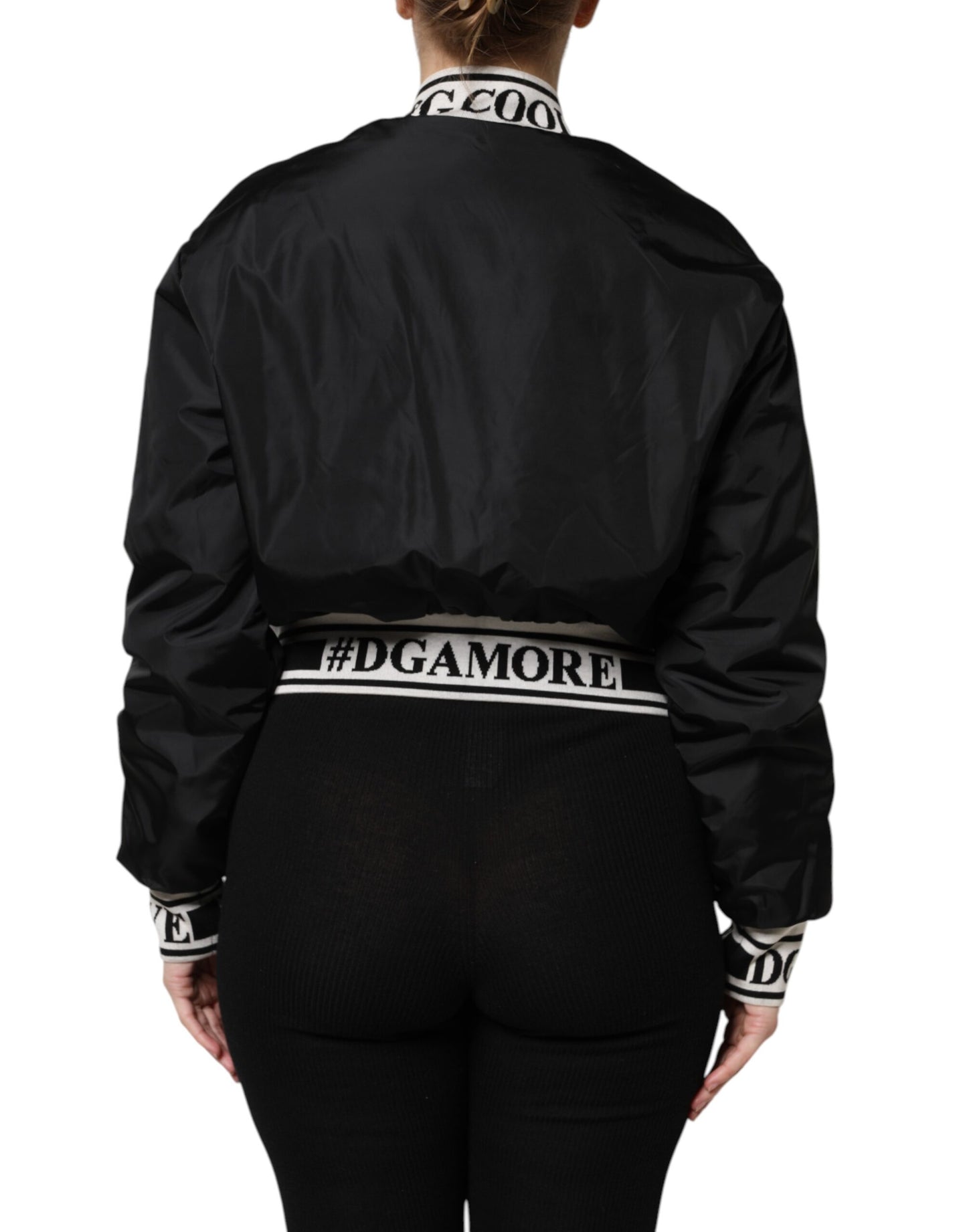 Chaqueta bomber de nailon negro con cremallera completa #DGFamily