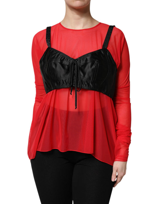 Top de manga larga con detalle de bustier rojo y negro