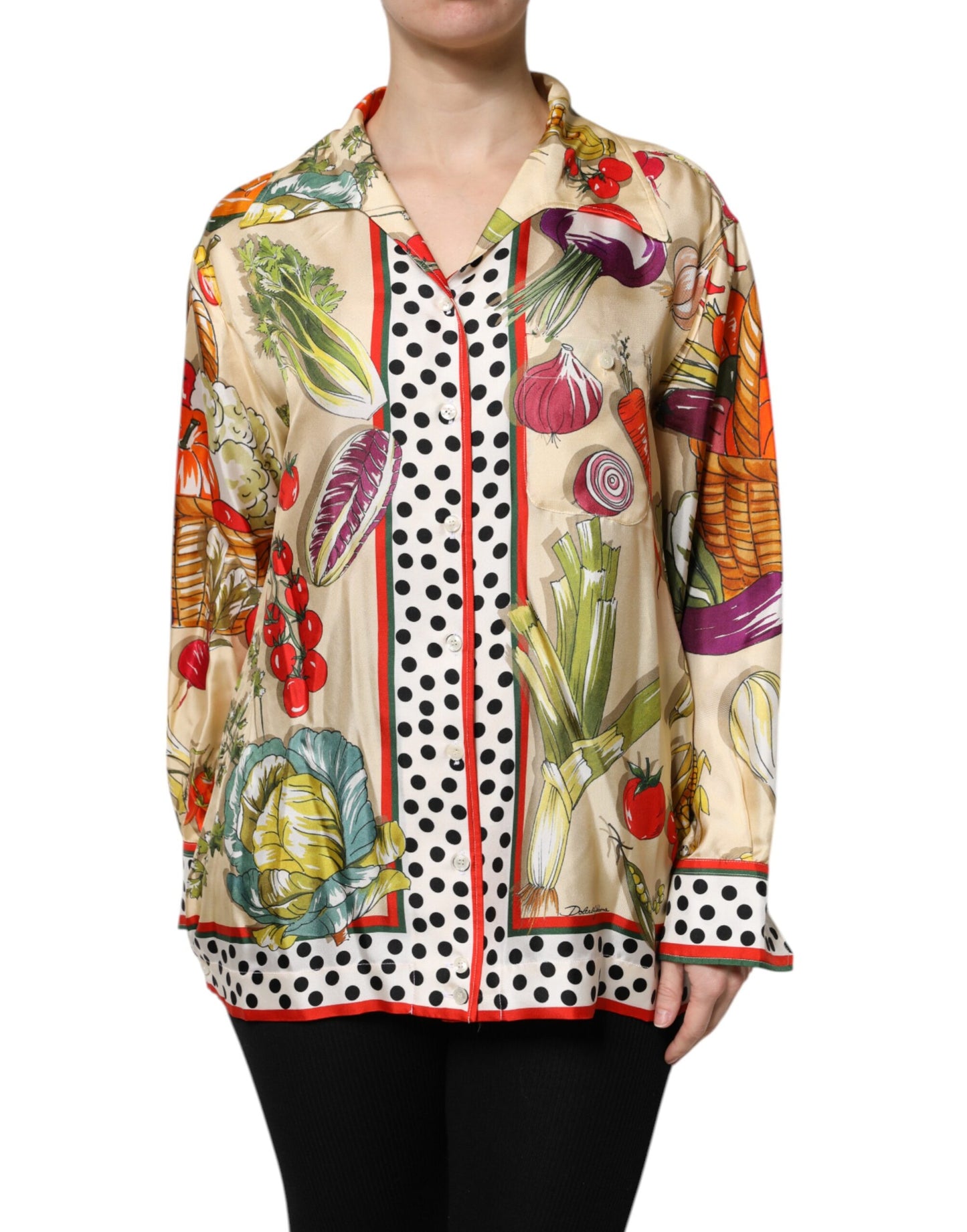 Blusa de manga larga de seda con verduras multicolor