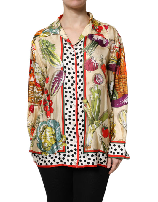 Blusa de manga larga de seda con verduras multicolor