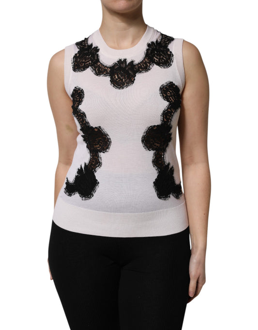 Camiseta sin mangas de cachemira blanca con detalles de encaje floral