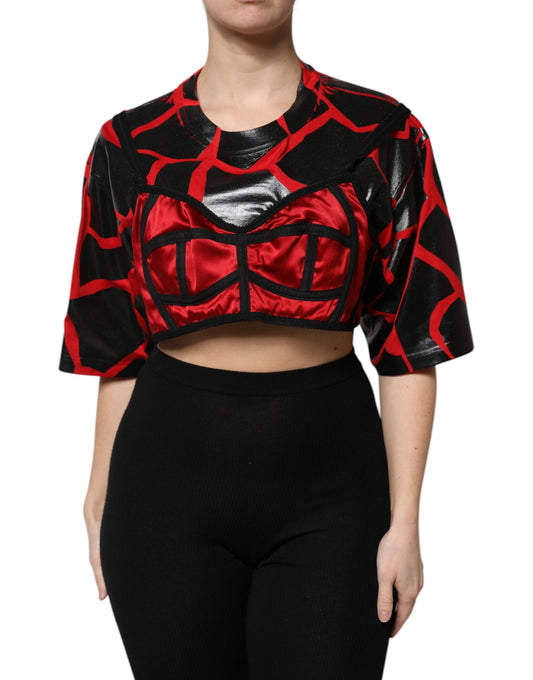 Top corto con detalle de bustier de algodón rojo y negro