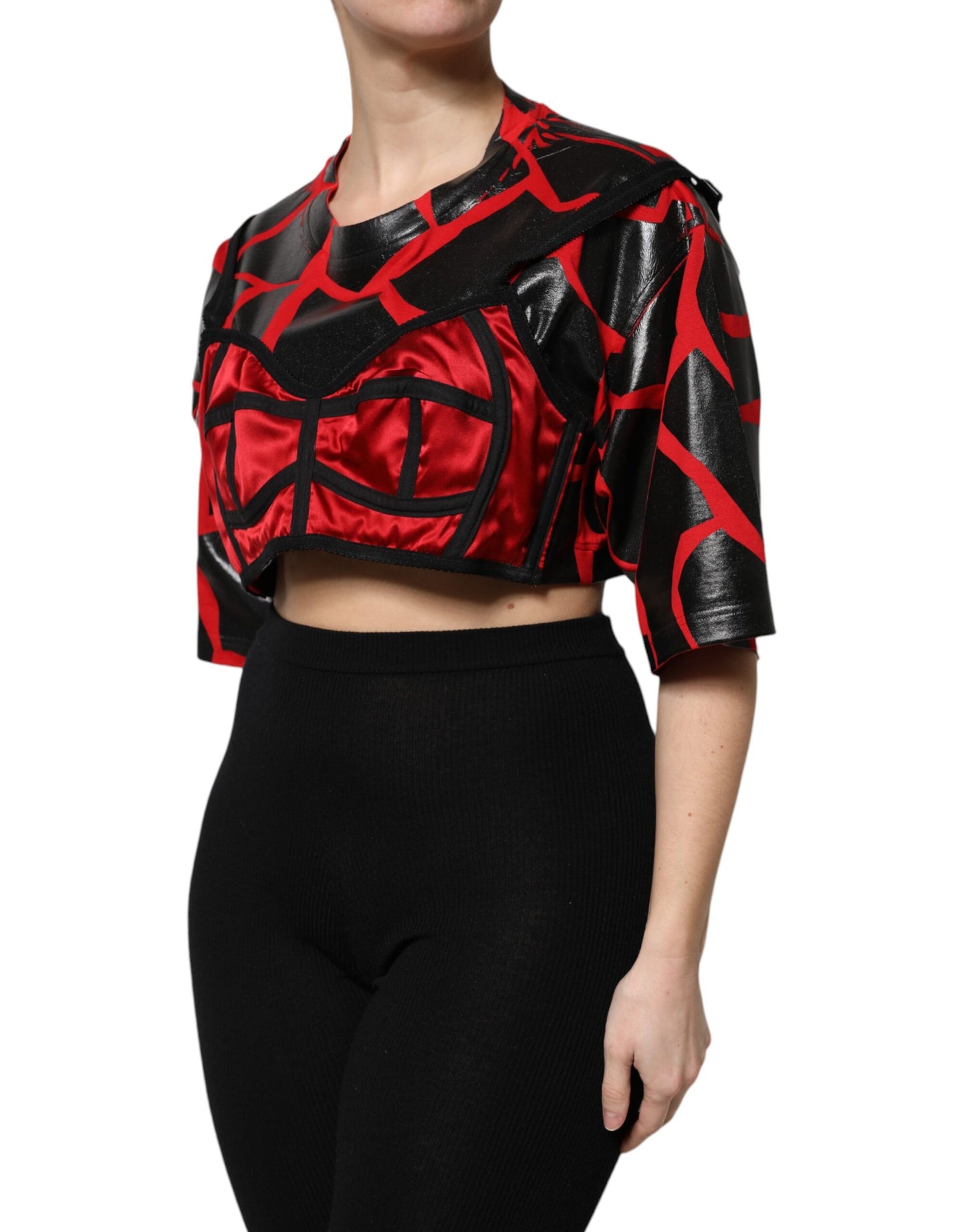 Top corto con detalle de bustier de algodón rojo y negro