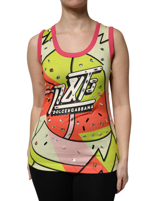 Top con adornos de cristales estampados multicolores
