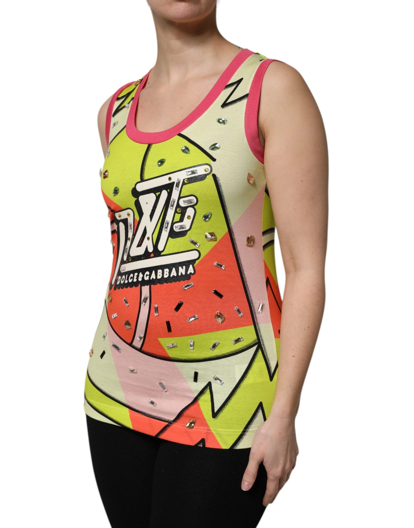Top con adornos de cristales estampados multicolores