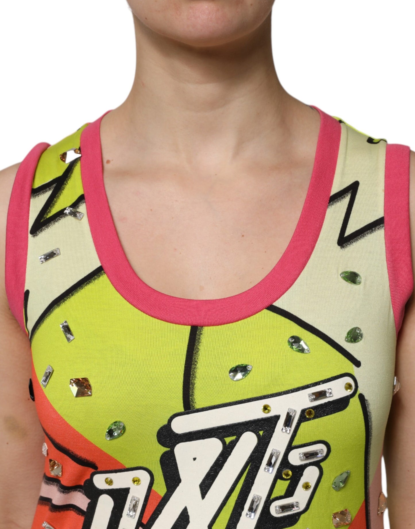 Top con adornos de cristales estampados multicolores