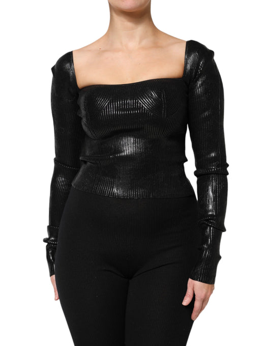 Blusa ajustada de manga larga de viscosa negra